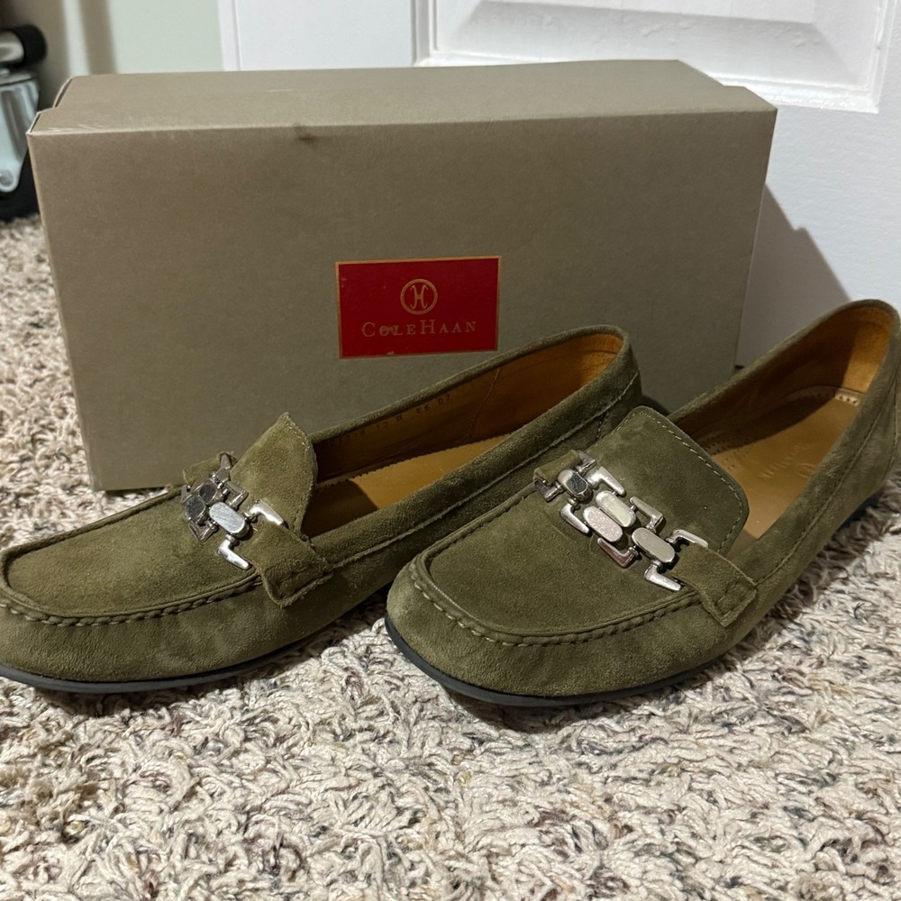 Cole Haan Womens Olive Green Suede Leather Bit Loafers Silver D21238 Size 12